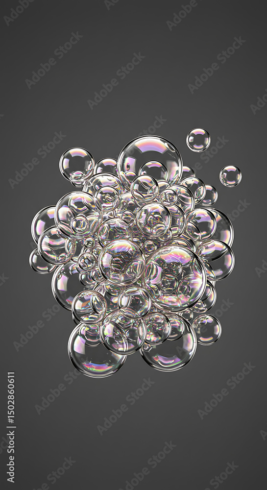 Poster iridescent soap bubbles cluster floating abstract background 3d render