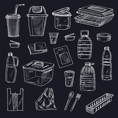 Stop using plastic hand drawn doodle set. Vector illustration. Isolated elements on white background. Symbol collection.