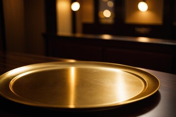Obraz premium A luxurious gold plate sits atop a rustic wooden table, perfect for displaying fine dinnerware or as a decorative accent