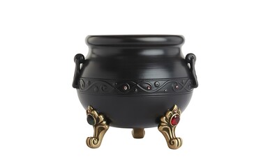 Elegant black cauldron with gold accents and colorful gemstone embellishments for decor