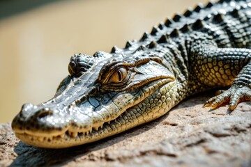 Obraz premium Close-up photo of a small alligator sitting on a rock, suitable for use in illustrations or educational materials about reptiles