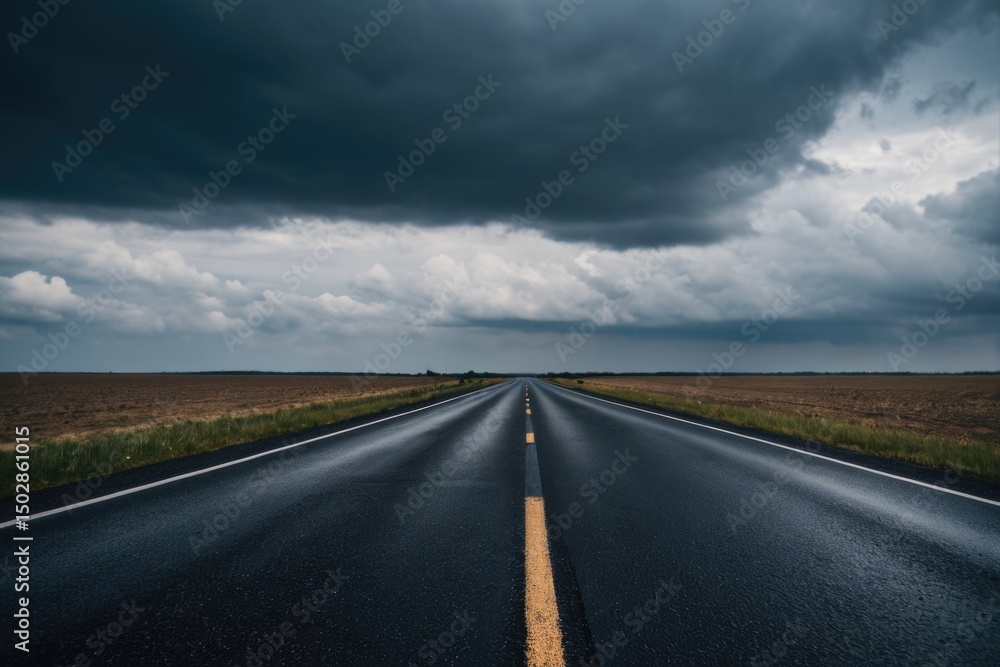 Poster a long empty road with a cloudy sky in the background, suitable for use in scenes depicting isolatio