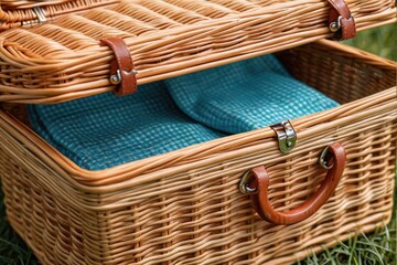 A traditional wicker picnic basket containing a blue towel, perfect for outdoor adventures or romantic getaways