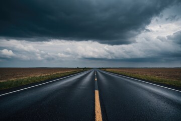 Fototapeta premium A long empty road with a cloudy sky in the background, suitable for use in scenes depicting isolation or solitude