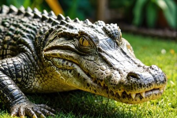 Obraz premium A close-up view of a small alligator hiding in the grass