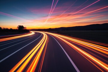 Obraz premium Aerial view of a highway at sunset, captured using long exposure technique