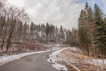 vista panoramica su una strada asfaltata che passa tra le foreste e le montagne innevate, di un...