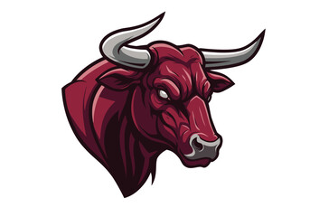 Vector line art of a bull head in maroon and silver, clean  style, white background
