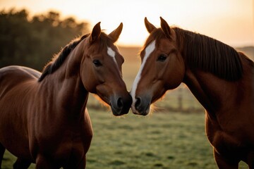 Obraz premium Two brown horses standing together in a green meadow