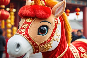 A close-up view of a horse wearing a bright red and gold costume, perfect for a festive occasion or holiday event