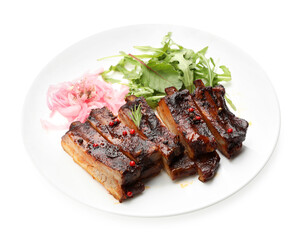 Delicious pork ribs, arugula and onion isolated on white