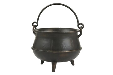 Antique Black Metal Cauldron with Handle and Three Legs Isolated on White