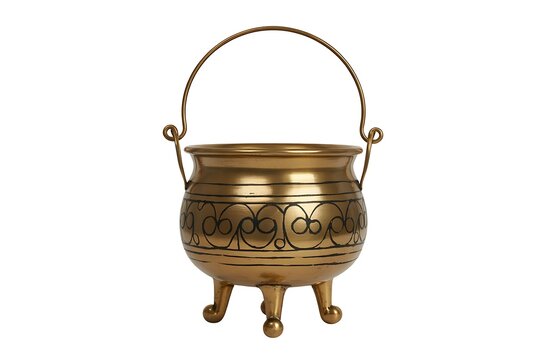 Ornate golden cauldron with decorative patterns and a carrying handle isolated