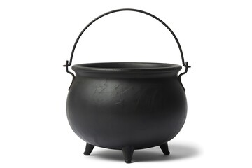 Studio shot of a black metal cauldron with handle on white background