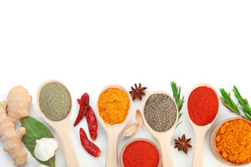 Different aromatic spices isolated on white, top view