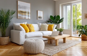 A modern living room with light gray walls, a wooden floor, and a white ceiling