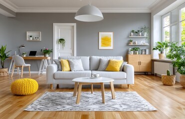Obraz premium A modern living room with light gray walls, a wooden floor, and a white sofa