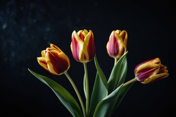 A bouquet of bright yellow and fiery red tulips arranged in a decorative vase