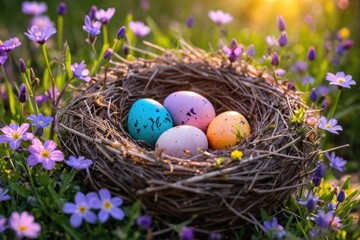Obraz premium Colorful Easter eggs nestled in a bird's home, perfect for spring or Easter-themed designs