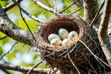 Obraz premium A bird's nest with four eggs, waiting to hatch