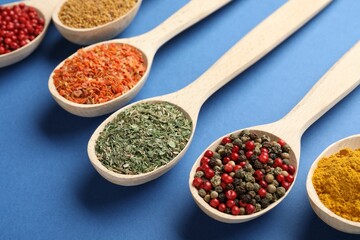 Different aromatic spices in spoons on blue background, closeup