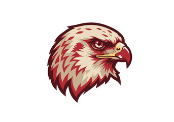 Vector line art of a hawk head in crimson and ivory, clean minimal style, white background