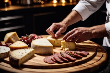 A person cutting cheese with a knife on a cutting board