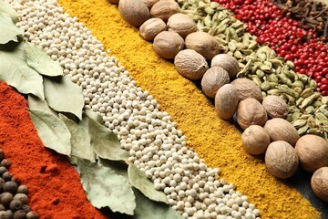 Many different spices as background, closeup view