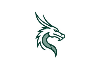 Vector line art of a mythical dragon head in emerald green and light grey, clean minimal style, white background