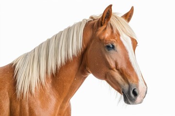 Obraz premium A beautiful brown and white horse with a long flowing mane, suitable for various uses such as equine photography or advertising