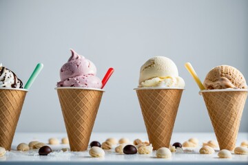 Colorful row of ice cream cones with various flavors and toppings