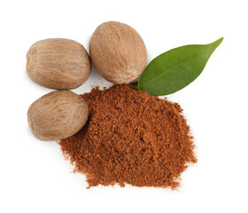 Whole nutmegs, powder and leaf isolated on white, top view