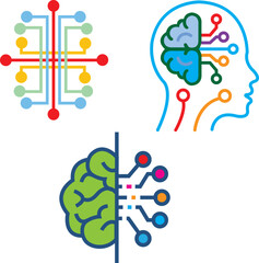 Colorful brain and neural network illustrations representing artificial intelligence, machine learning, and digital thinking—perfect for tech, innovation, and science-related designs.