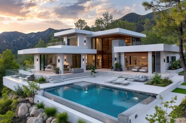 Fototapeta premium A modern home in the Hollywood Hills, Los Angeles, California, with white stucco walls and wood slats, large windows