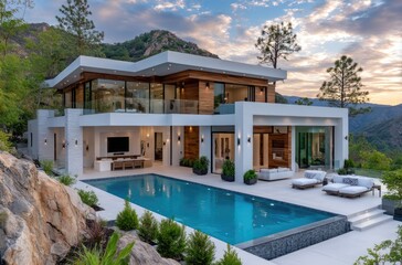 Obraz premium A modern home in the Hollywood Hills, Los Angeles, California, with white stucco walls and wood slats, large windows