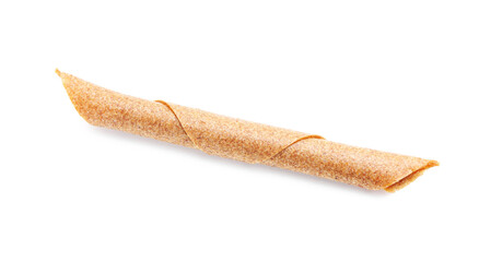 Delicious fruit leather roll on white background, top view
