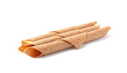 Delicious fruit leather rolls on white background