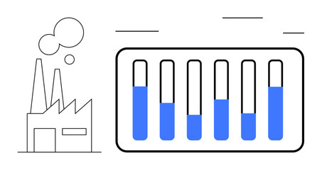Factory emitting smoke beside a set of test tubes with varying liquid levels, highlighting innovation, experimentation, and sustainability. Ideal for industry, research, technology, science
