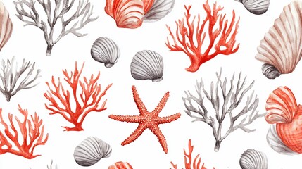Sea Life Watercolor Seamless Pattern: Coral, Shells & Starfish