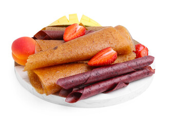 Delicious fruit leather rolls, berries and mango isolated on white