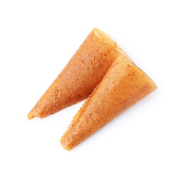 Delicious fruit leather rolls isolated on white, top view