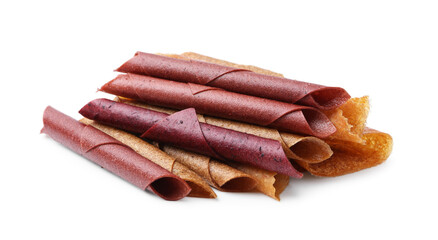Delicious fruit leather rolls isolated on white