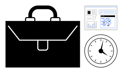 Black briefcase icon, analog clock, and digital dashboard. Ideal for productivity, time tracking, business goals, work-life balance, career planning, project management simple landing page