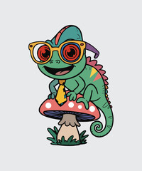 Vector art of Cartoon chameleon with glasses and tie sitting on a mushroom
