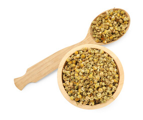 Dry chamomile flowers in bowl and spoon isolated on white, top view