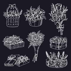 Flowers hand drawn doodle set. Isolated elements on white background. Symbol collection.