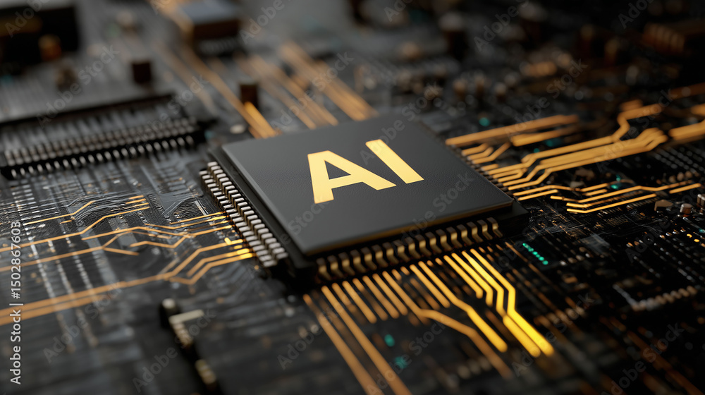 Poster abstract cpu chip with glowing gold ai label on futuristic circuit board