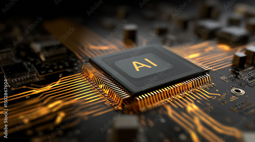 Poster abstract cpu chip with glowing gold ai label on futuristic circuit board. light pulses flowing throu