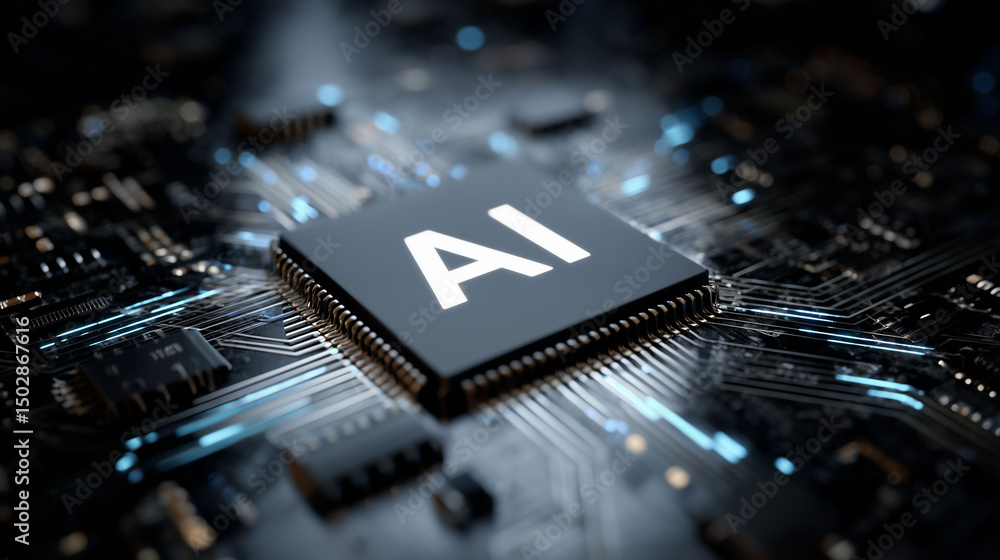 Poster cpu chip with ai label and light pulses flowing through the circuit