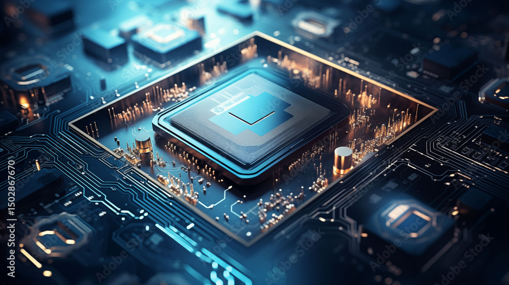 Fototapete CPU chip with light pulse labels flowing through the circuit, cyberpunk style